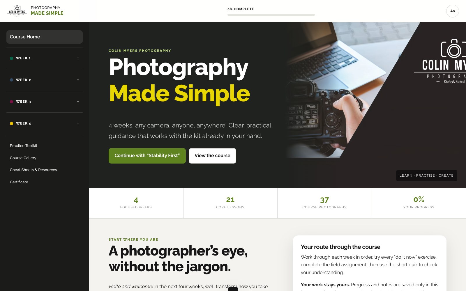 Photography Made Simple course application showing its weekly learning dashboard