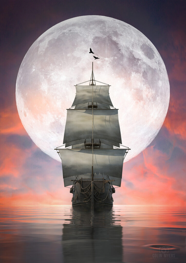 Moon v Ship At Dusk – Original Artwork