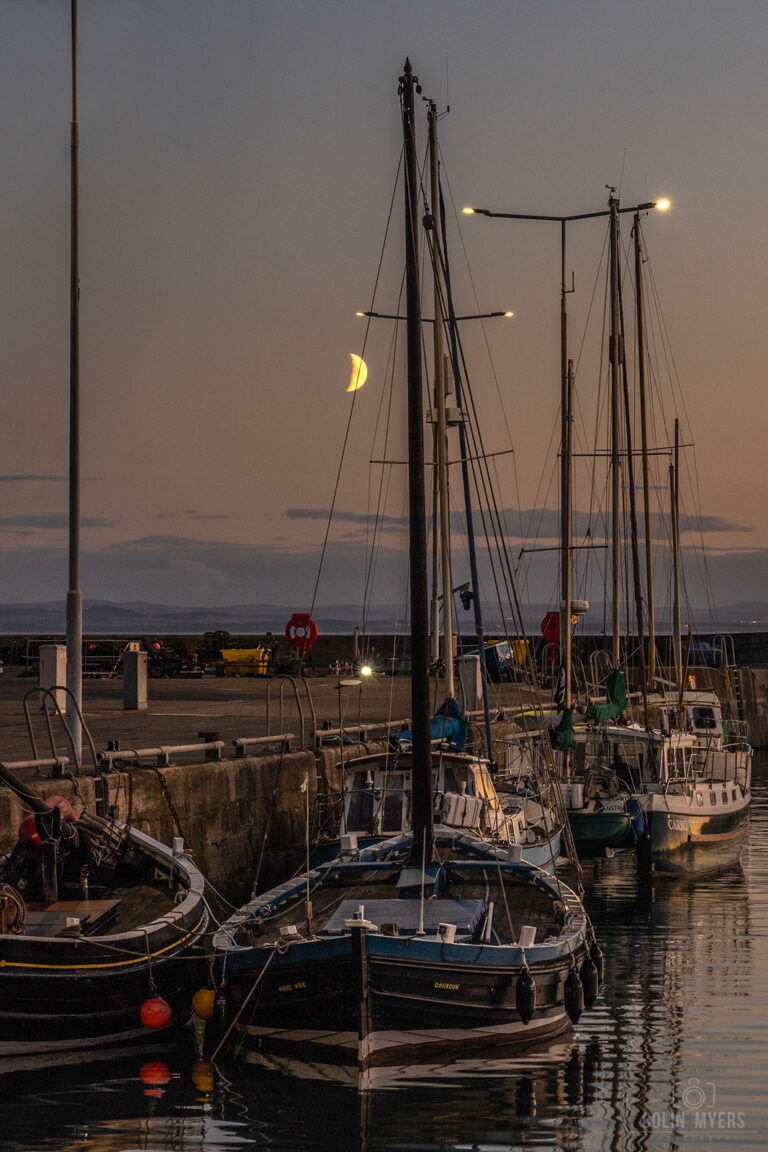 Anstruther Harbour Boats & Moon (Portrait)